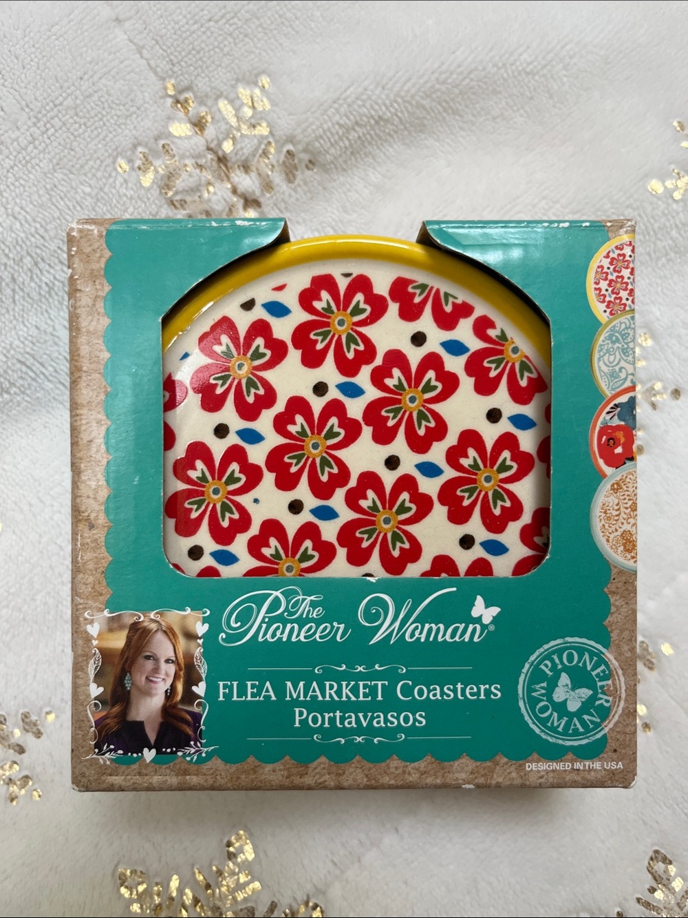 The Pioneer Woman Red Floral Ceramic Coasters - Yellow Trim
